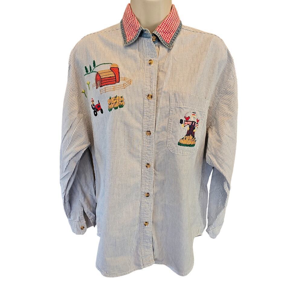 Vintage M embroidered chambray scarecrow farm  long sleeve graphic button up+